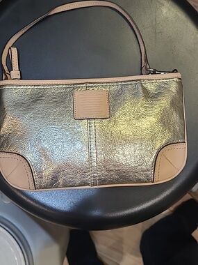 Coach Metallic Pouchette Small Shoulder Bag Wristlet Tan Leather Trim